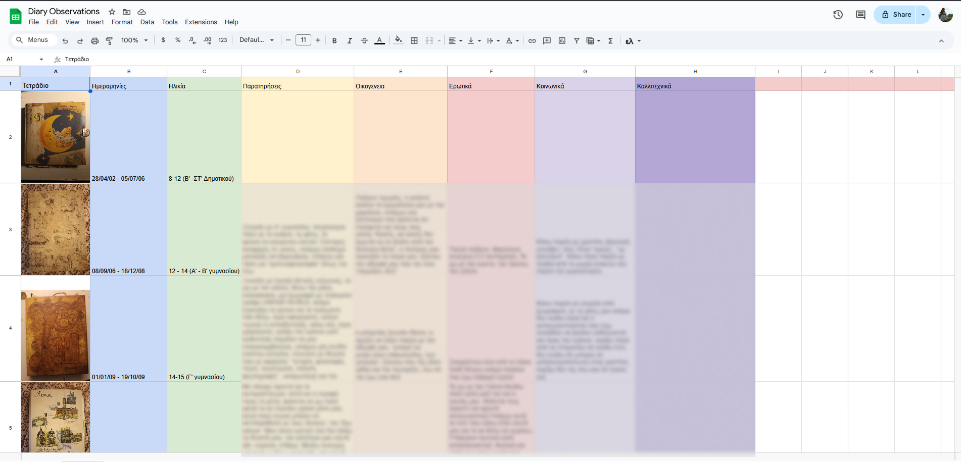 screenshot of diary observations spreadsheet